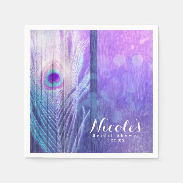 Guardanapo De Papel Peacock Feather Purple Glam Boho Chic Party (Frente)