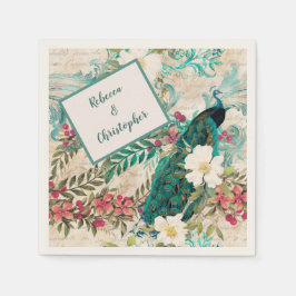 Guardanapo De Papel Peacocks e Flores Teal, Marfim e Dourado