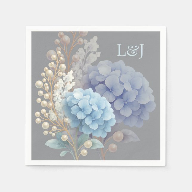 Guardanapo De Papel Pearl Hydrangea Blue Waterercolor Casamento Românt (Frente)