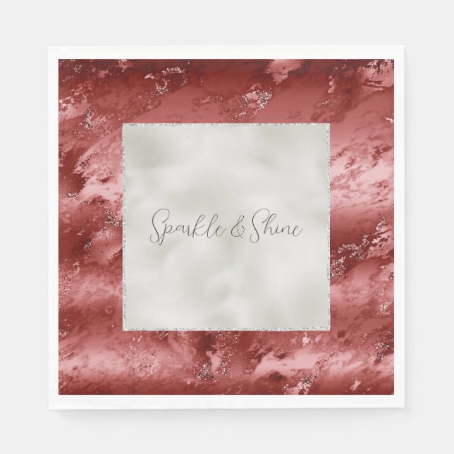 Guardanapo De Papel Pearl White Glitter Red Marble Ombre (Frente)