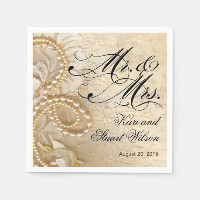 Guardanapo De Papel Pearls e Lace Sr. & Sra. | marfim (Frente)