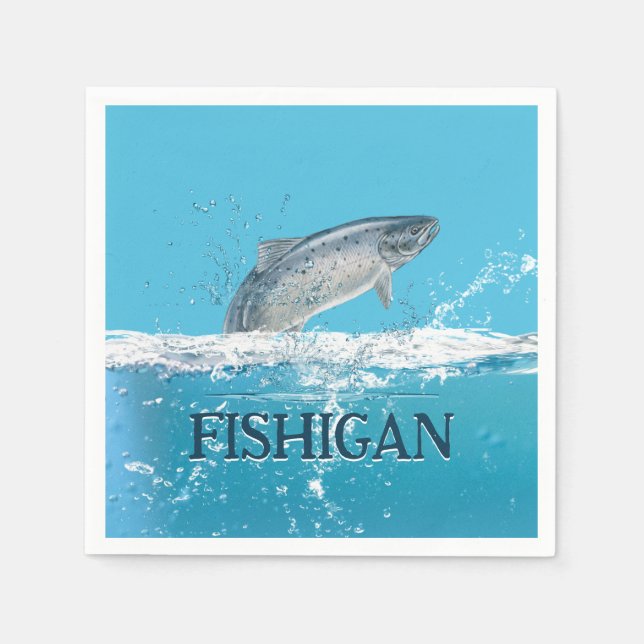 Guardanapo De Papel Peixes De Salmão Em Água Com Texto De Michigan (Frente)