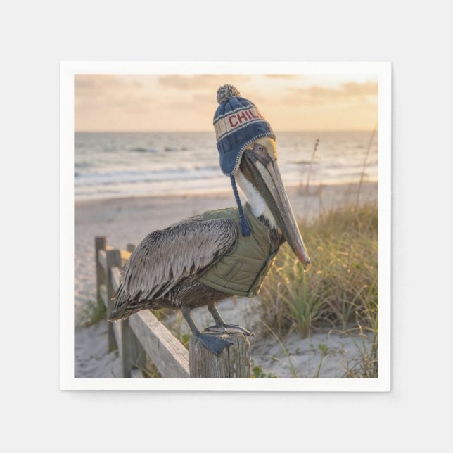 Guardanapo De Papel Pelican Wearing a Winter Hat (Frente)