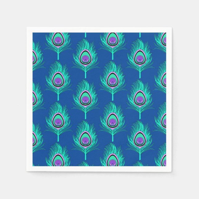 Guardanapo De Papel Penas de Pavão, Aqua no Azul Profundo de Cobalto (Frente)