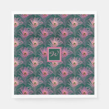 Penas de Pavão Rosa e Monograma em Verde Profundo