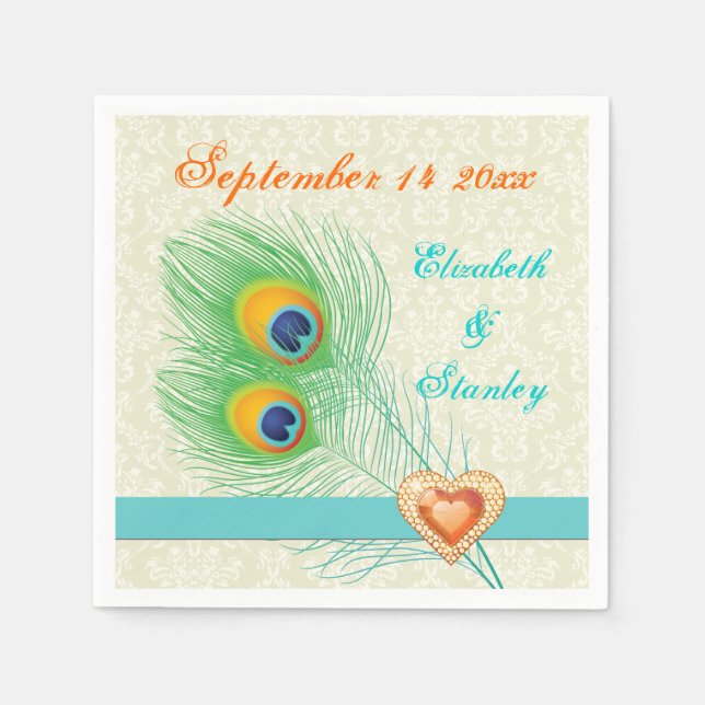 Guardanapo De Papel Penas de peacock com casamento de joias laranja (Frente)