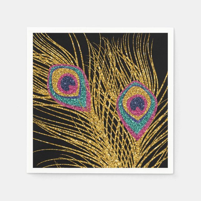 Guardanapo De Papel Penas de Peacock Douradas com "Glitter Faux" (Frente)
