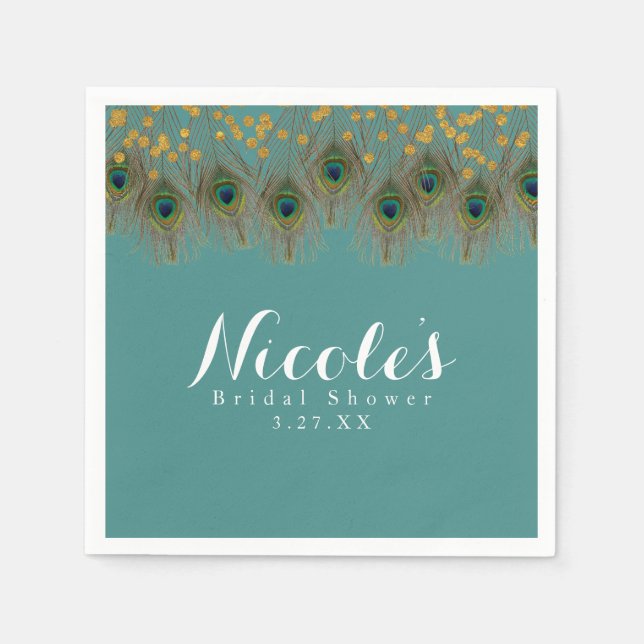 Guardanapo De Papel Penas de peacock e pontos Dourados QUALQUER Festa  (Frente)