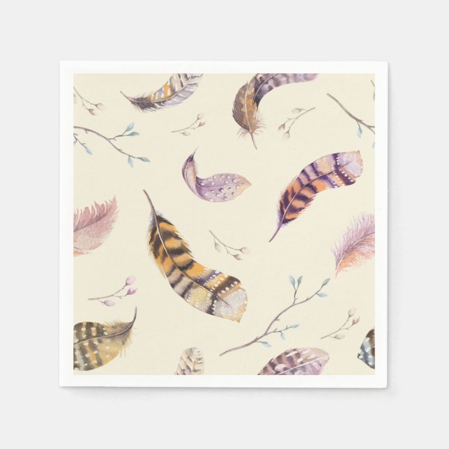 Guardanapo De Papel Penas Russas de Boho Natureza com Aquarela (Frente)