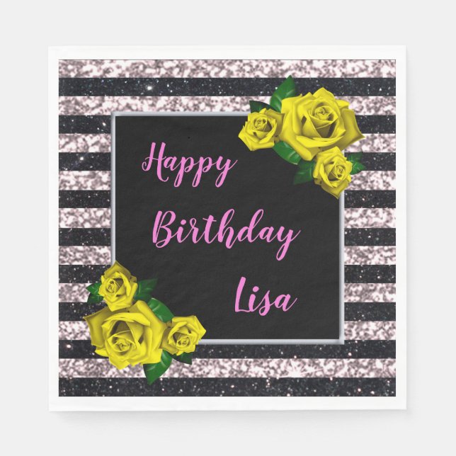 Guardanapo De Papel Penteado Preto Brilho Listras Rosas Amarelas Anive (Frente)