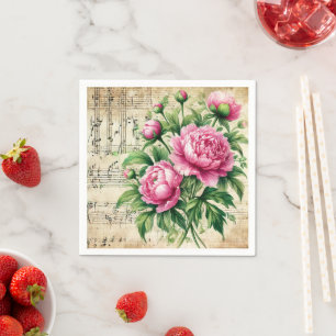 Guardanapo De Papel Peônias Découpage em Aquarela Rosa e Verde Antigo