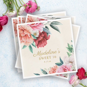 Guardanapo De Papel Peônias Rosa Burgundy Flores Folhas Sweet 16