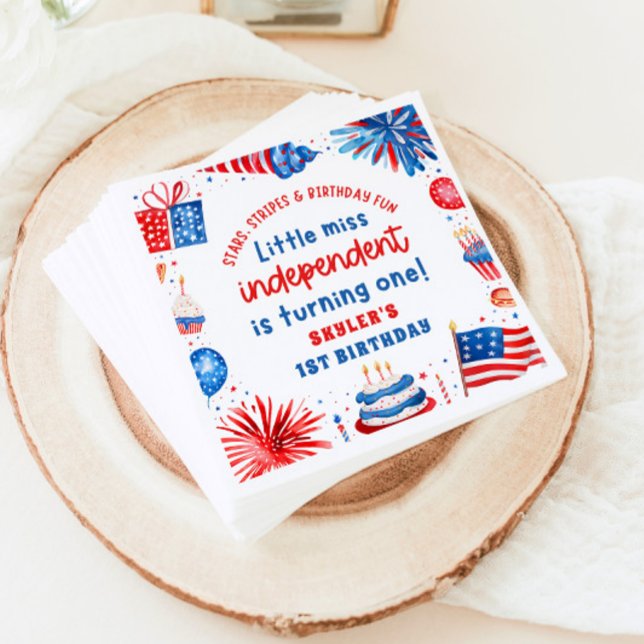 Guardanapo De Papel Pequena Miss Independente 4 de julho primeiro aniv (Little Miss Independent 4th of July 1st Birthday Paper Dinner Napkins)