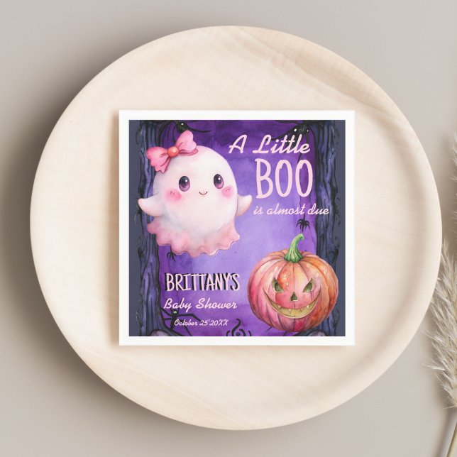 Guardanapo De Papel Pequeno chá de fraldas de fantasma rosa-rosa-rosa- (Little boo Halloween pink cute ghost pumpkin baby shower monogrammed customized Napkins template)