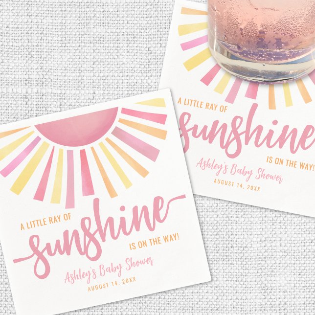 Guardanapo De Papel Pequeno Raio Rosa Do Chá de fraldas Sol (Pink Little Ray Of Sunshine Sun Baby Shower Napkins)