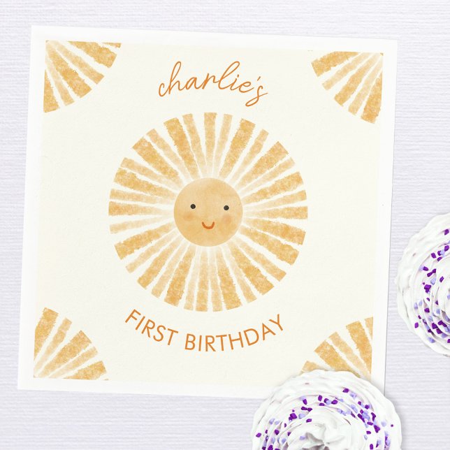 Guardanapo De Papel Pequeno Sol Primeiro Aniversário Personalizado (Personalized happy sunshine first birthday party paper napkin)