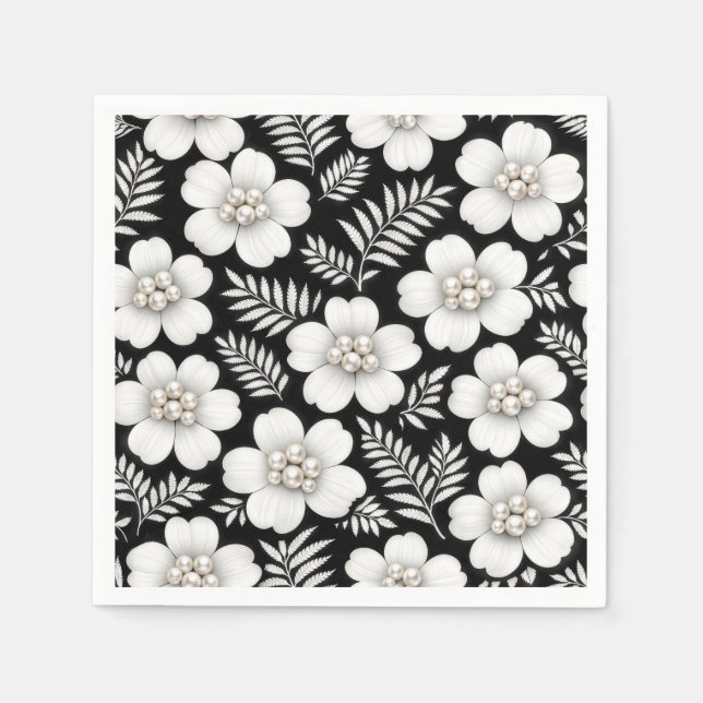 Guardanapo De Papel Pérolas Brancas em Padrão de Flores (Frente)