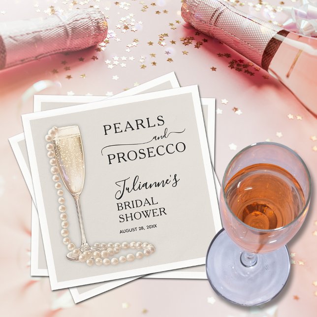 Guardanapo De Papel Pérolas e Chá de panela Prosecco (Pearls and Prosecco brunch and bubbly bridal shower napkins)