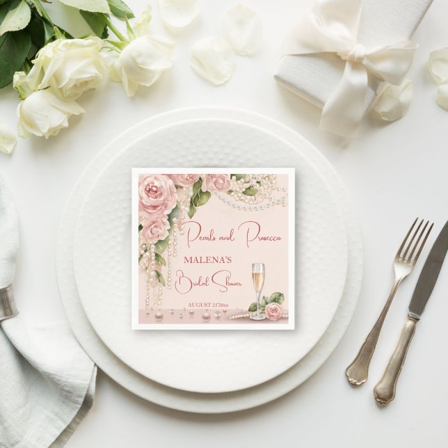 Guardanapo De Papel Pérolas e prosecco chá de noiva elegante impresso (Pearls and prosecco bridal shower elegant blush pink monogram printed napkins personalized decor)