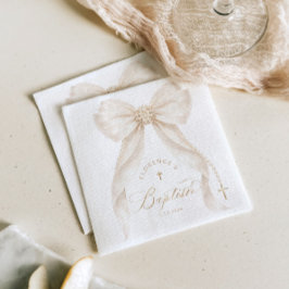 Guardanapo De Papel Pérolas Elegante Laço Marfim Batismo