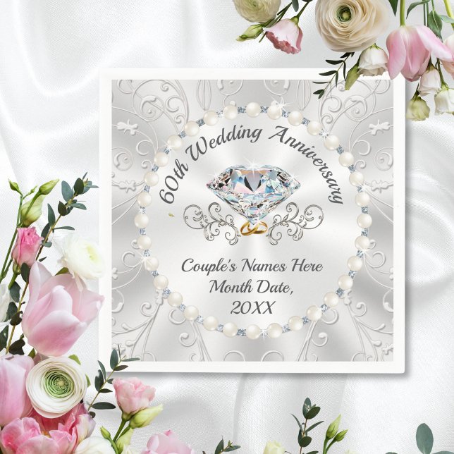 Guardanapo De Papel Personalizado, 60º aniversário de casamento Napkin (60th wedding anniversary napkins. Diamond Anniversary Napkins. Personalized 60th anniversary napkins)