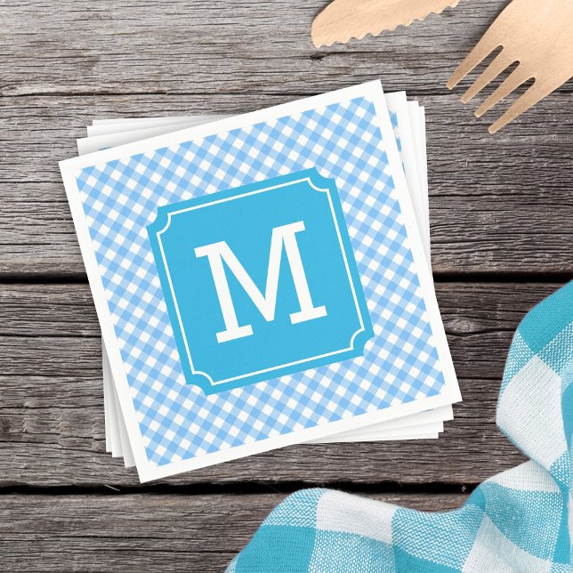 Guardanapo De Papel Personalizar Na moda Baby Blue Gingham Monograma (Criador carregado)