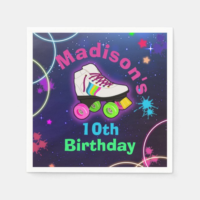 Guardanapo De Papel Personalize Roller Sking Neon Birthday Napkins (Frente)
