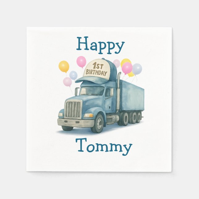 Guardanapo De Papel  Personalized 1st Birthday Semi Truck Napkins (Frente)