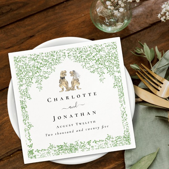 Guardanapo De Papel Personalized Dinosaur Wedding (Personalized dinosaur T-Rex bride and groom wedding napkins Watercolor Jurassic eucalyptus foliage)