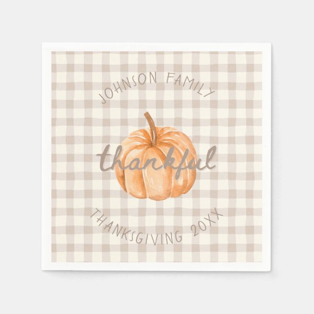 Guardanapo De Papel Personalized Family Name Thankful Neutral Gingham  (Frente)