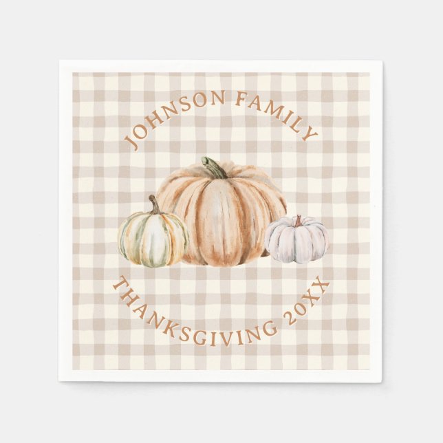 Guardanapo De Papel Personalized Family Name Thankful Neutral Gingham (Frente)