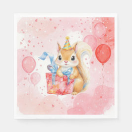 Guardanapo De Papel Personalized Girl's Birthday Squirrel Pink and Red