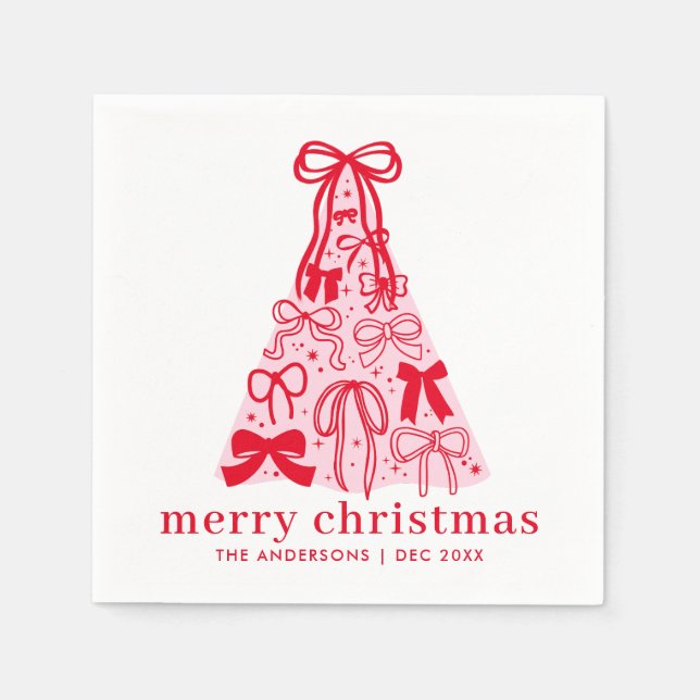Guardanapo De Papel Personalized Modern Pink Red Bows Christmas  (Frente)