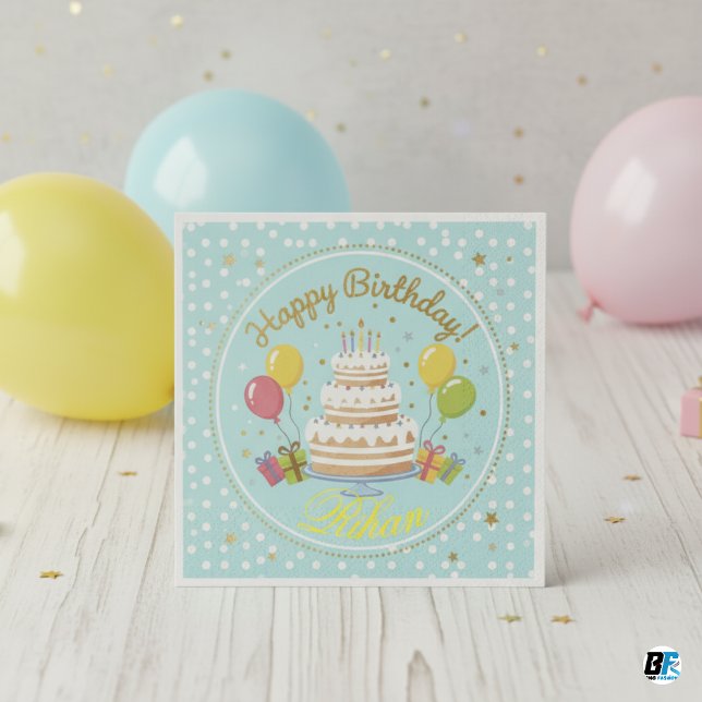 Guardanapo De Papel Personalized Name Happy Birthday Cake Balloons  (Criador carregado)