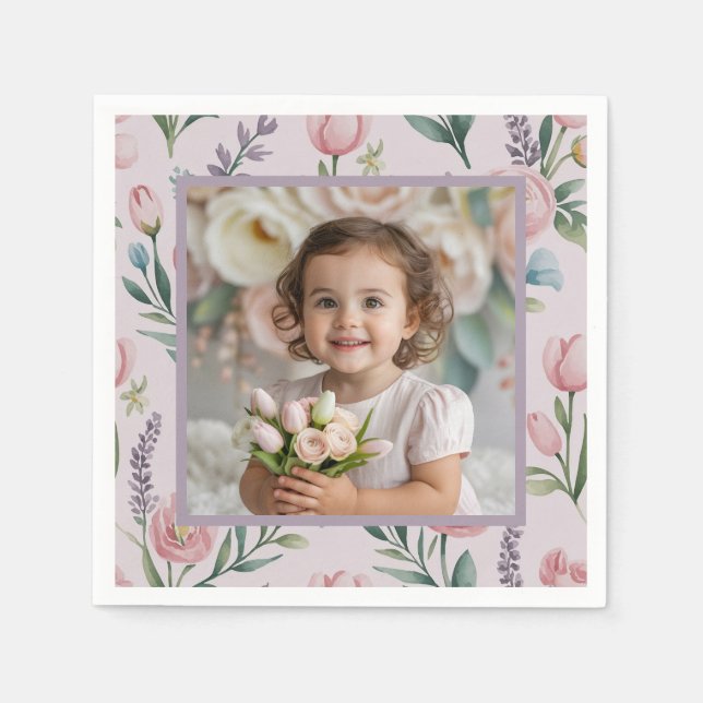 Guardanapo De Papel Personalized Pastel Floral Photo Birthday Girl (Frente)