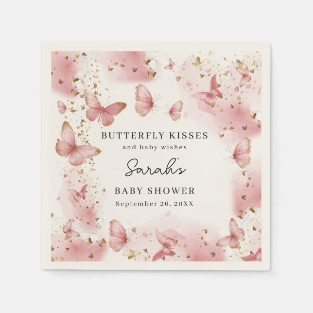 Guardanapo De Papel Personalized Pink Butterfly Baby Shower Napkins (Frente)