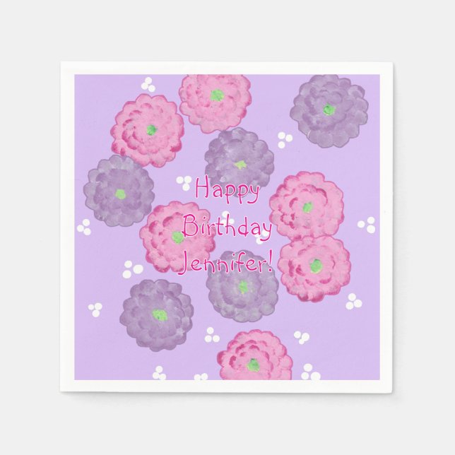 Guardanapo De Papel Personalized Pink Purple Floral Birthday Napkins (Frente)
