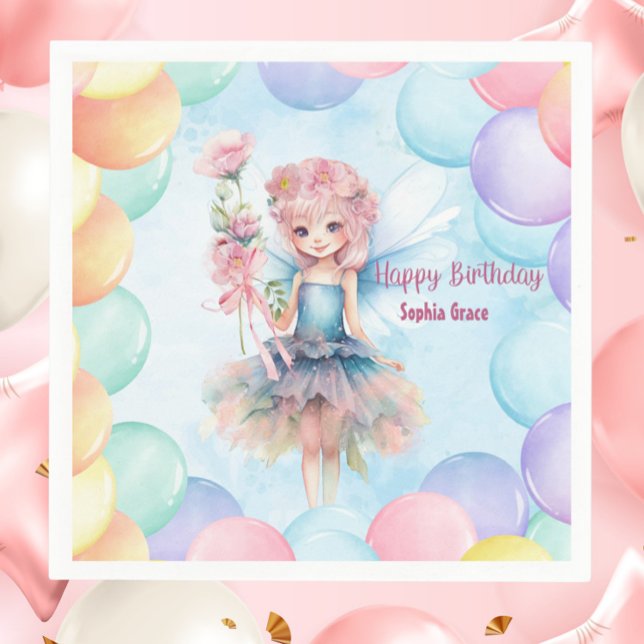 Guardanapo De Papel Personalized Pretty Blue Fairy Birthday Napkins  (Personalized Blue Fairy Birthday Napkins – Custom Name Party Decor with Balloons)