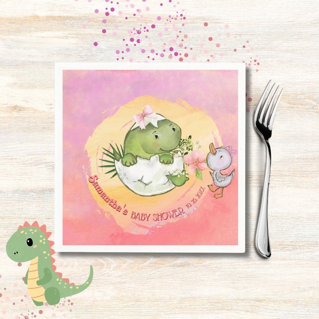 Guardanapo De Papel Personalized Round Dino & Duckling Baby Shower  (Personalized Round Dino & Duckling Baby Shower Napkins)