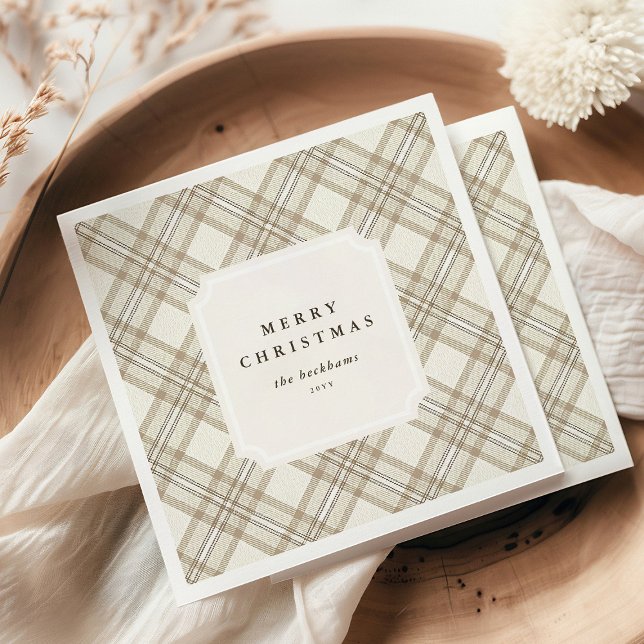 Guardanapo De Papel Personalized Soft Beige Gingham Merry Christmas (Criador carregado)