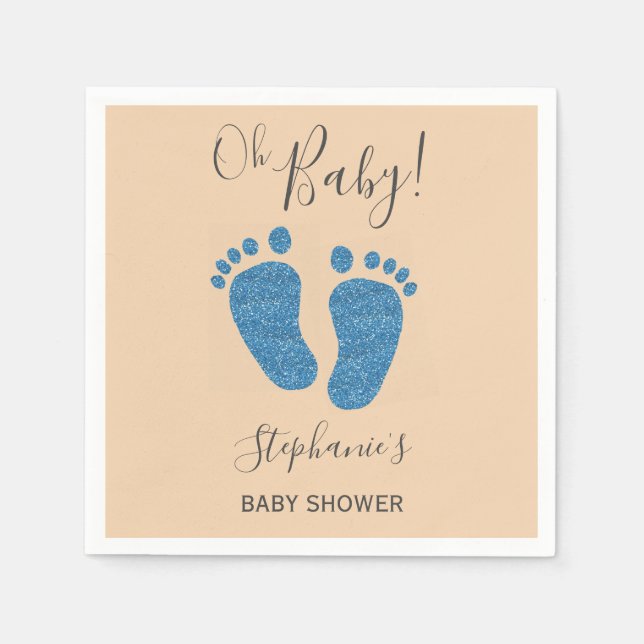 Guardanapo De Papel Pés de Bebê com Glitter Azul Festa de Bebê  (Frente)