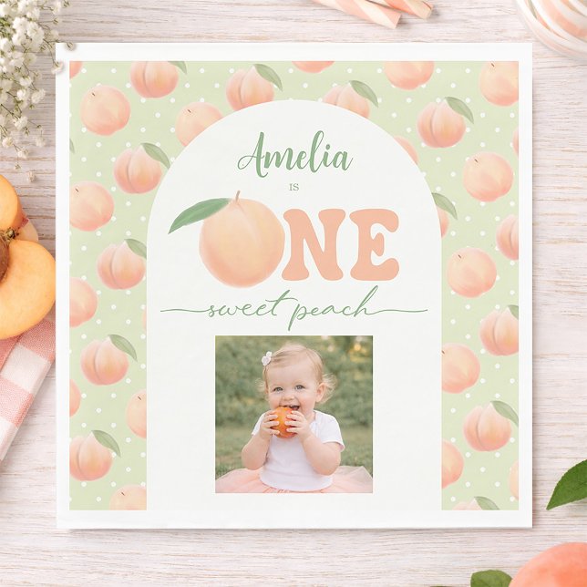 Guardanapo De Papel Photo First Birthday Party One Sweet Peach Party (Photo First Birthday Party One Sweet Peach Party Napkins)