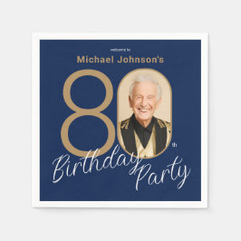 Guardanapo De Papel Photo Navy Blue Gold Elegant Custom 80th Birthday 