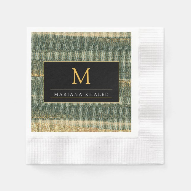 Guardanapo De Papel Pincel Verde Elegante com ouro e preto (Frente)