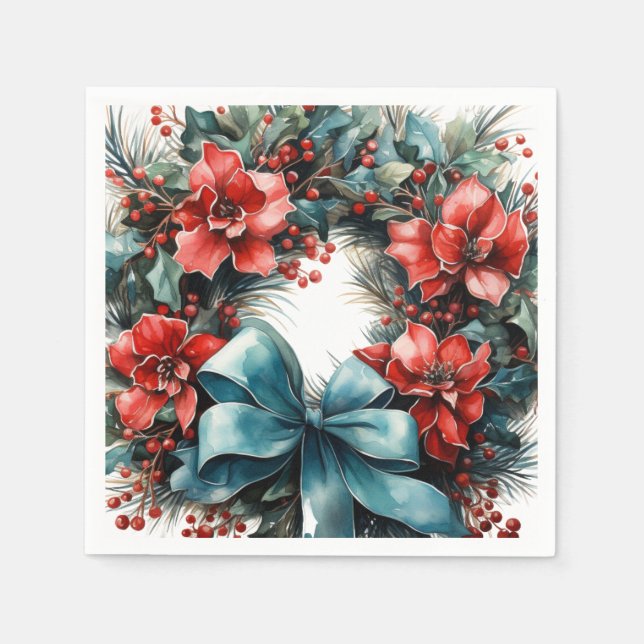 Guardanapo De Papel Pine Wreath com Holly Christmas (Frente)