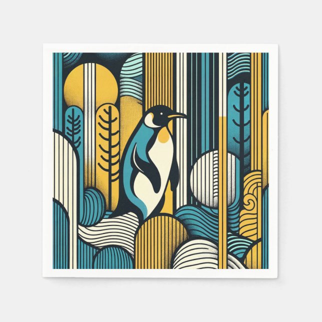 Guardanapo De Papel Pinguim Azul-Teal Amarelo-Mostarda Em Geometria Re (Frente)