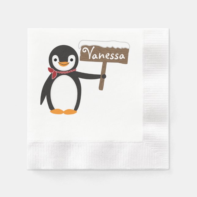 Guardanapo De Papel Pinguim Bonito com Scarf & Sinal de Madeira (Frente)