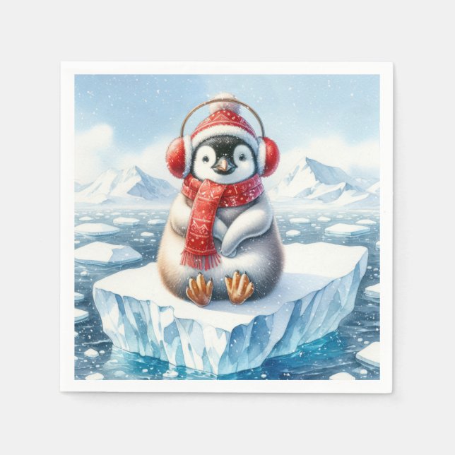 Guardanapo De Papel Pinguim De Inverno Em Flocos De Neve (Frente)