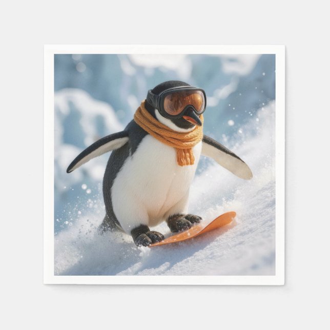 Guardanapo De Papel Pinguim descendo a ladeira de snowboard (Frente)