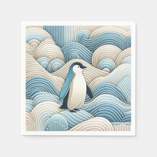 Guardanapo De Papel Pinguim Em Ondas Azuis De Abstrato (Frente)